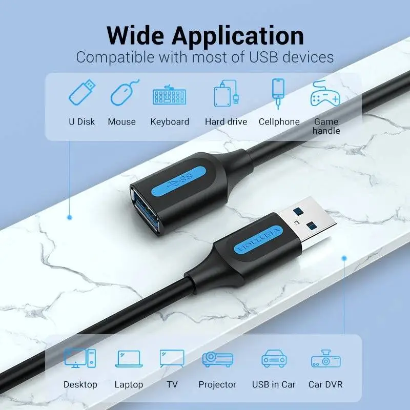Vention Кабел USB 3.0  Extension AM / AF - 0.5M Black - CBHBD