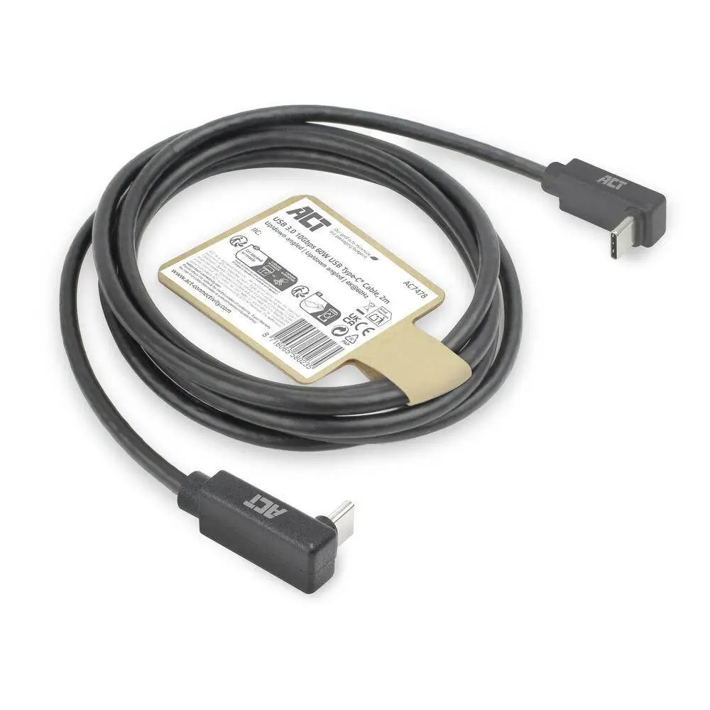 ACT Кабел USB-C - USB-C, 2м, 10Gbps 60W, ъглов нагоре/надолу