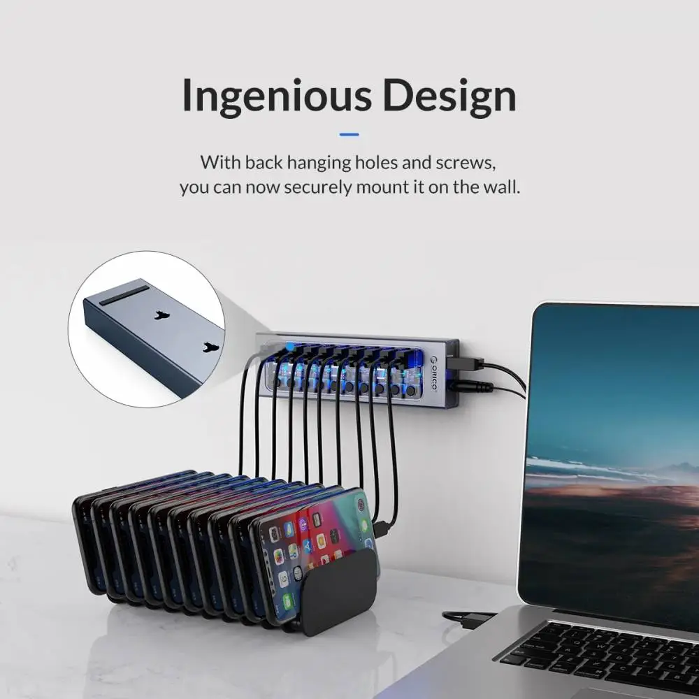 Orico хъб USB3.0 HUB 7 port with Power Adapter, On/Off buttons, Aluminium - AT2U3-7AB-EU-GY