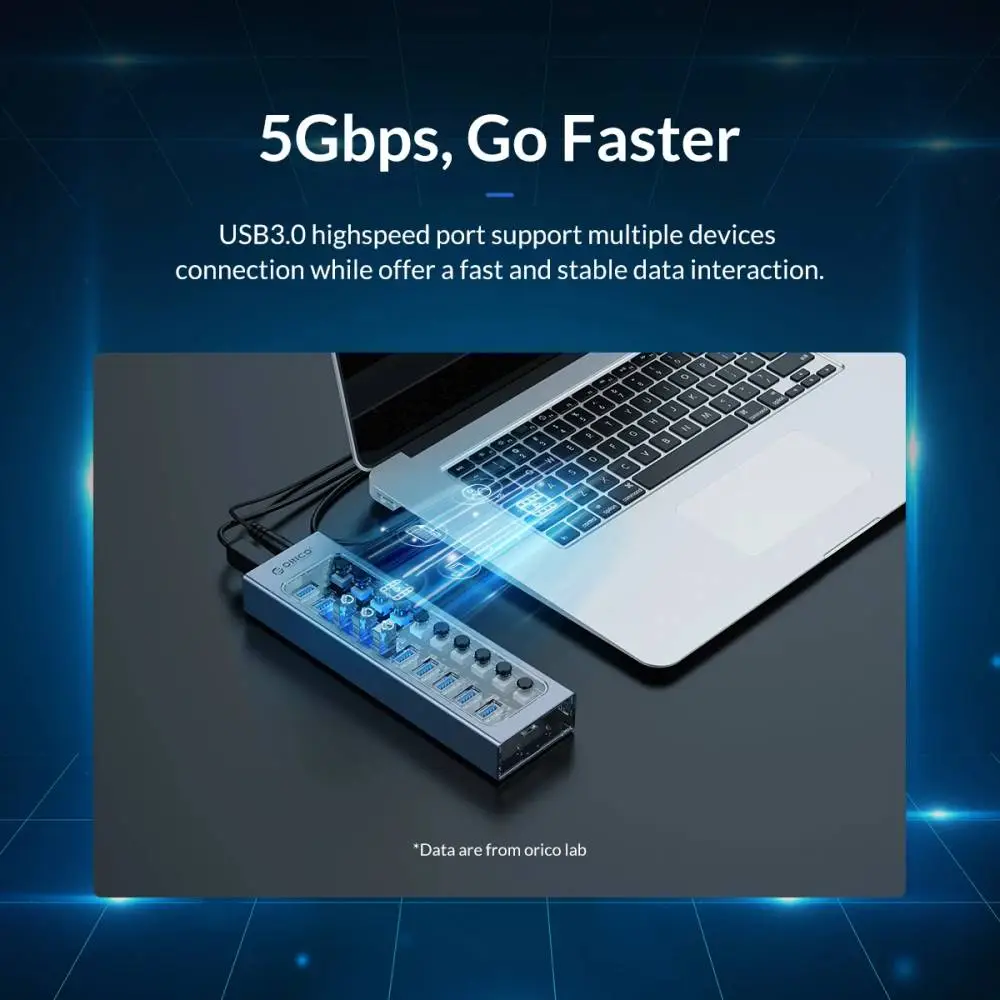 Orico хъб USB3.0 HUB 7 port with Power Adapter, On/Off buttons, Aluminium - AT2U3-7AB-EU-GY