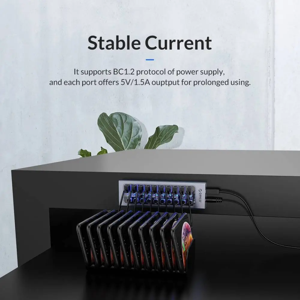 Orico хъб USB3.0 HUB 7 port with Power Adapter, On/Off buttons, Aluminium - AT2U3-7AB-EU-GY
