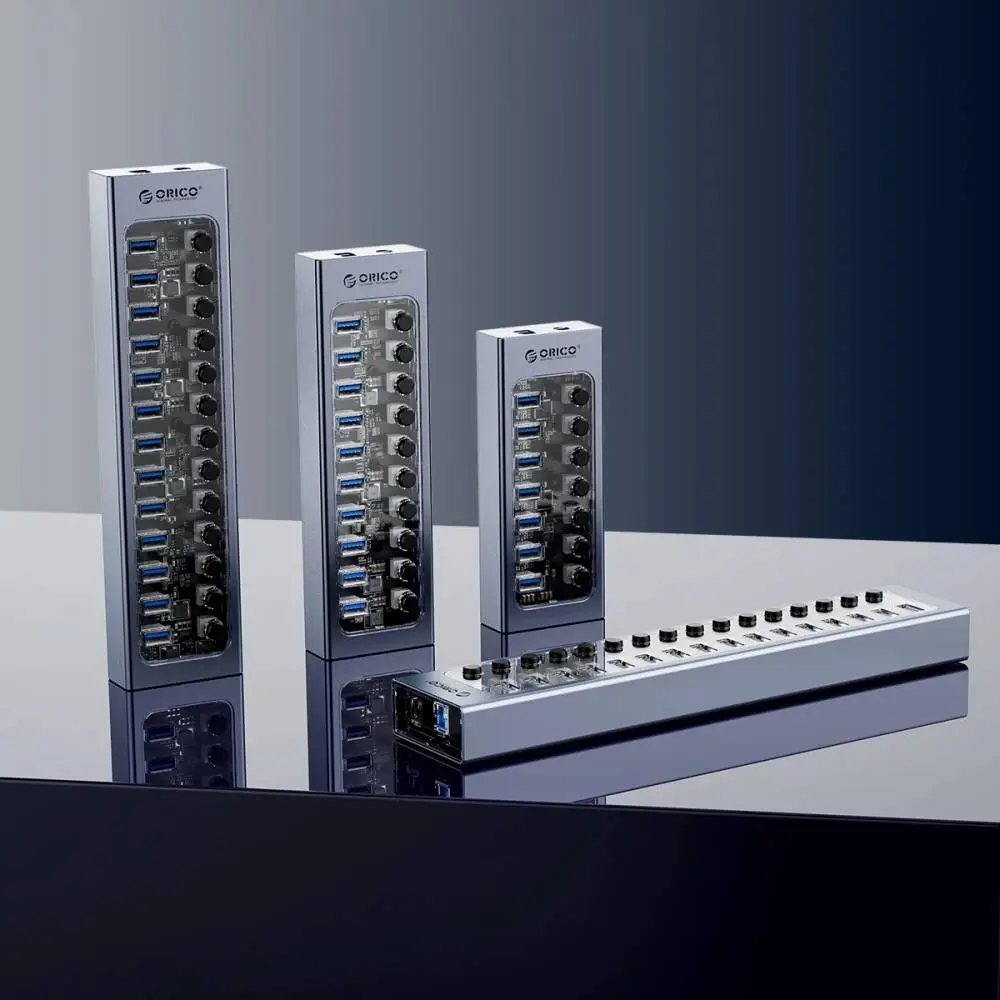 Orico хъб USB3.0 HUB 7 port with Power Adapter, On/Off buttons, Aluminium - AT2U3-7AB-EU-GY