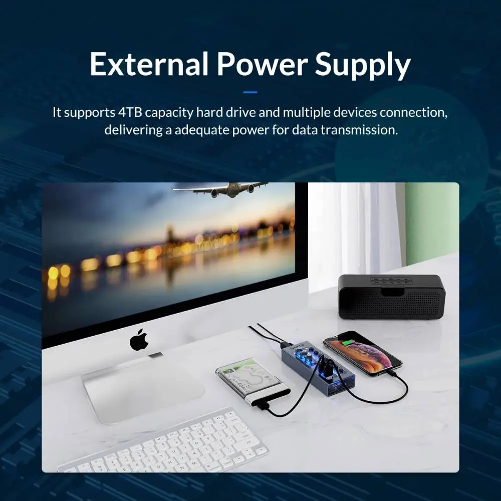 Orico хъб USB3.0 HUB 7 port with Power Adapter, On/Off buttons, Aluminium - AT2U3-7AB-EU-GY