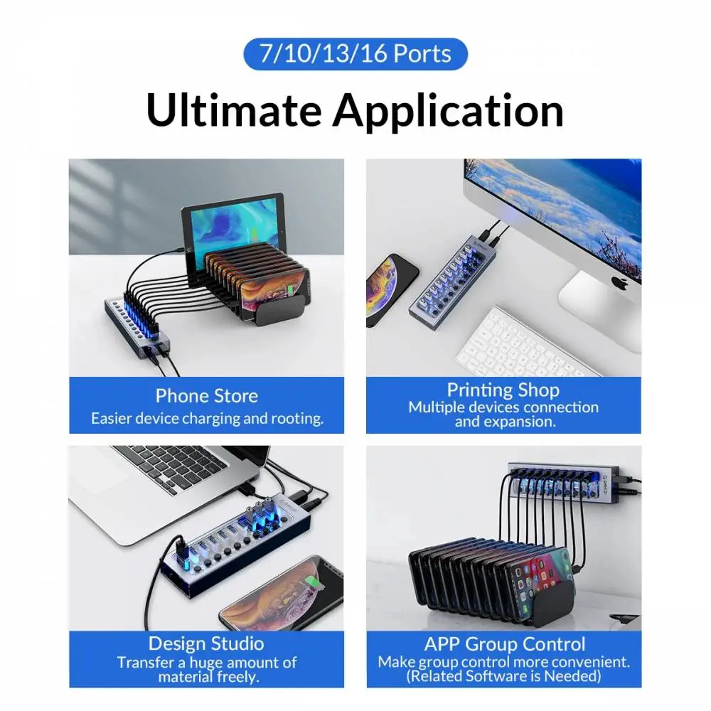 Orico хъб USB3.0 HUB 7 port with Power Adapter, On/Off buttons, Aluminium - AT2U3-7AB-EU-GY