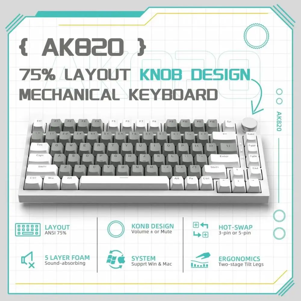 Геймърска механична клавиатура Ajazz Gaming Mechanical Keyboard AK820 - Mille feuille Yellow Switches [Linear] (English US), White Gray, White Light