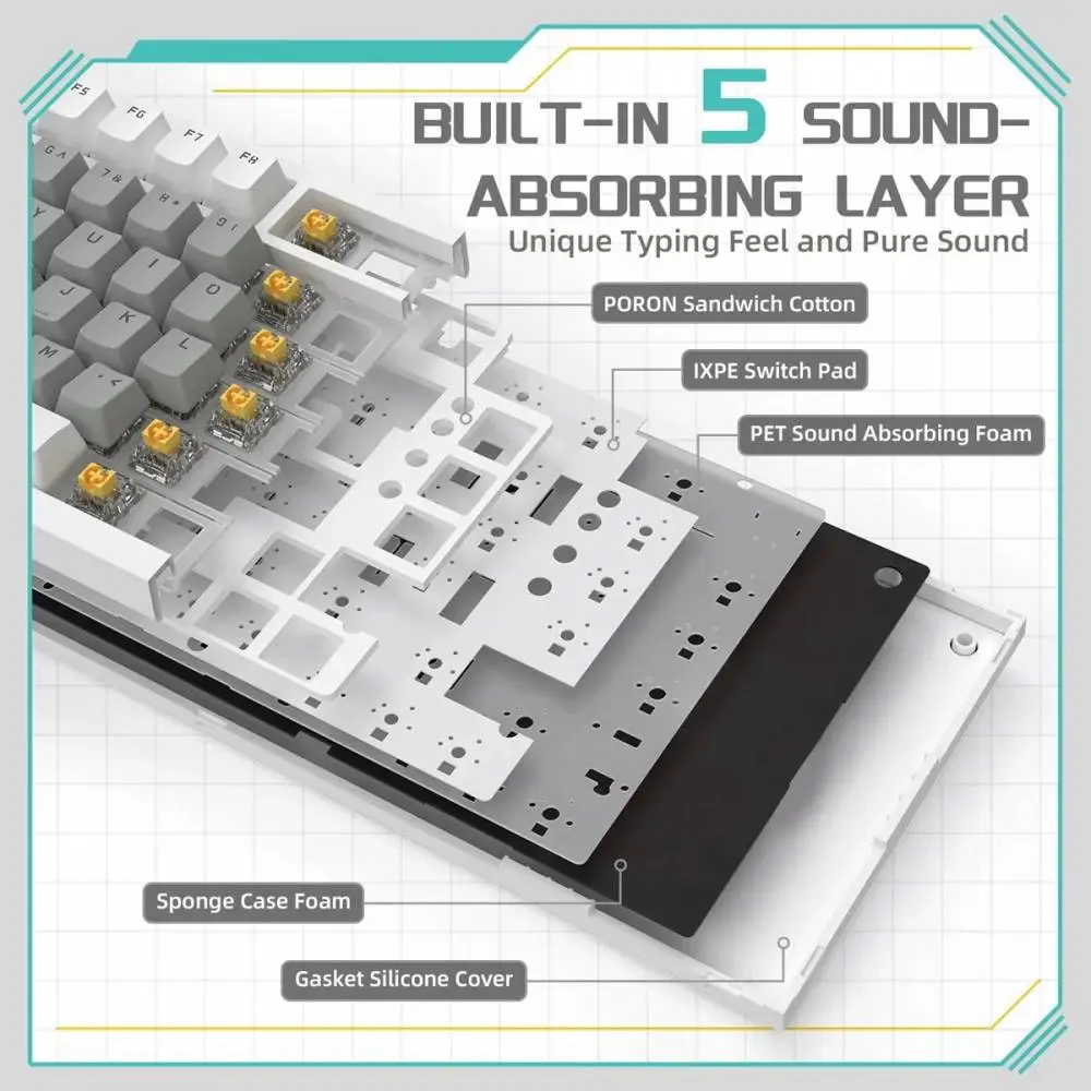 Геймърска механична клавиатура Ajazz Gaming Mechanical Keyboard AK820 - Mille feuille Yellow Switches [Linear] (English US), White Gray, White Light