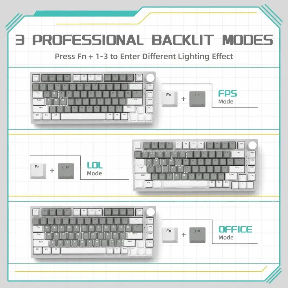 Геймърска механична клавиатура Ajazz Gaming Mechanical Keyboard AK820 - Mille feuille Yellow Switches [Linear] (English US), White Gray, White Light