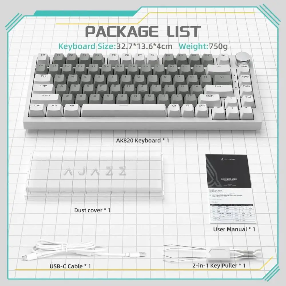 Геймърска механична клавиатура Ajazz Gaming Mechanical Keyboard AK820 - Mille feuille Yellow Switches [Linear] (English US), White Gray, White Light