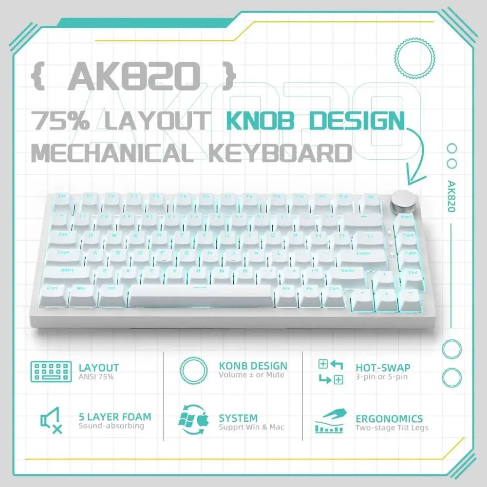 Геймърска механична клавиатура Ajazz Gaming Mechanical Keyboard AK820 - Blue Switches [Tactile] (English US), White, Blue Light
