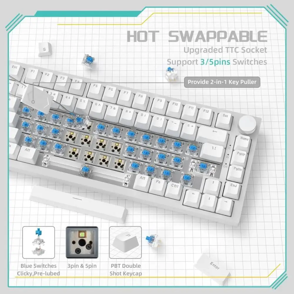 Геймърска механична клавиатура Ajazz Gaming Mechanical Keyboard AK820 - Blue Switches [Tactile] (English US), White, Blue Light
