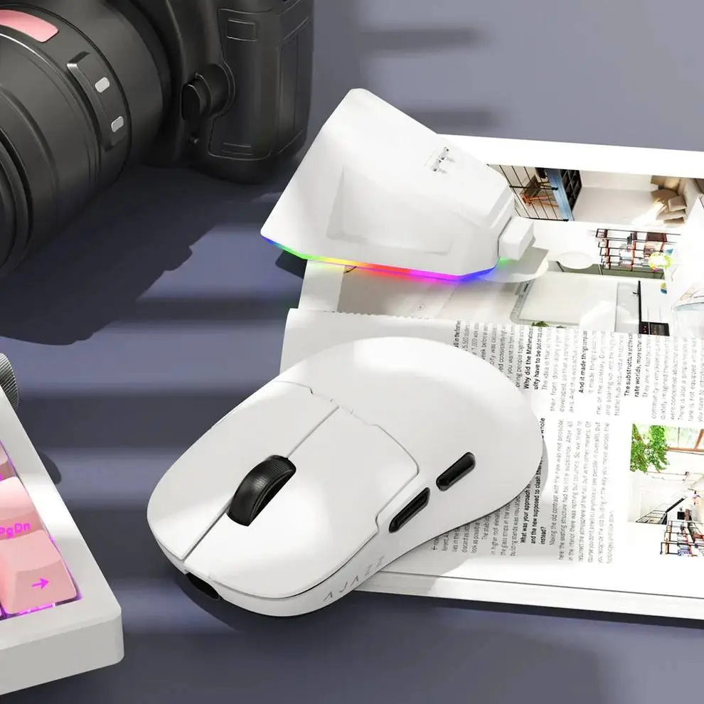 Ajazz професионална геймърска мишка AJ159P MC - Wireless Gaming Mouse - 1K, Magnetic Charging Dock, White