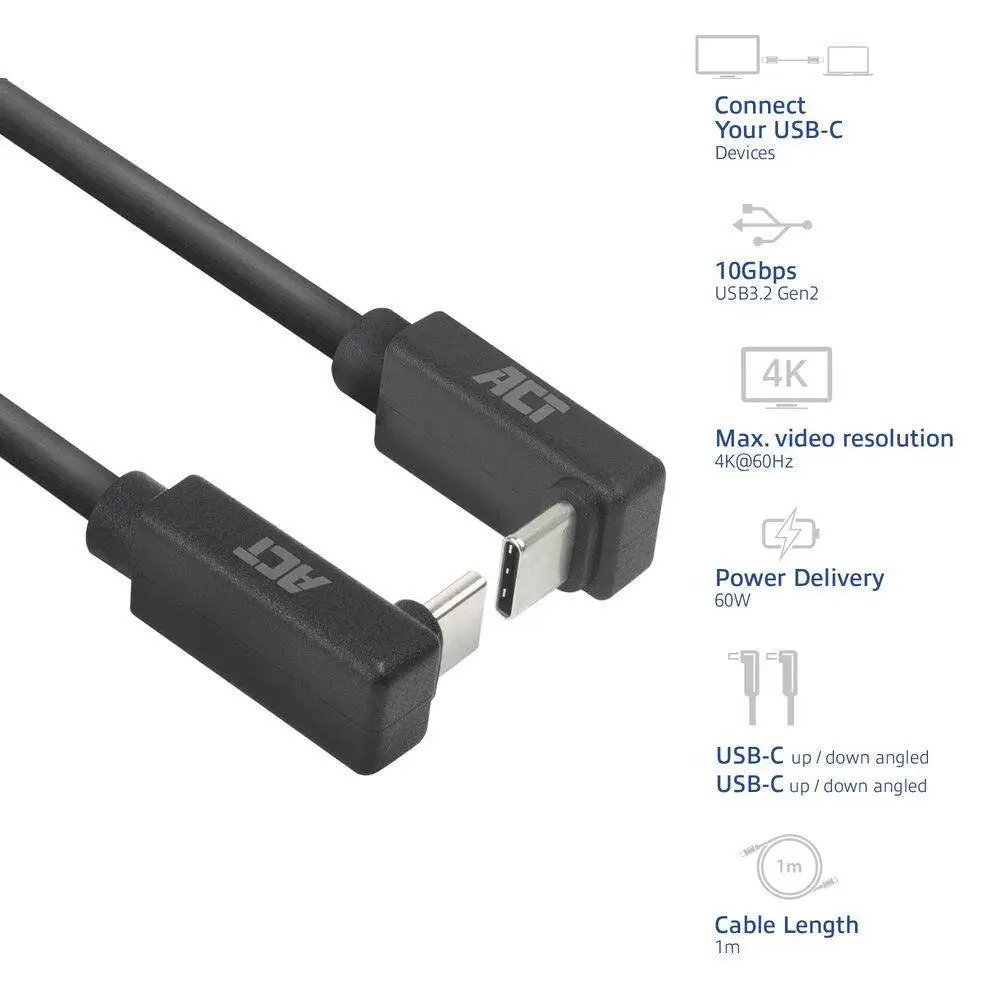 ACT Кабел USB-C 10Gbps, 60W, 0.5м, конектори на 90&deg; up/down angled
