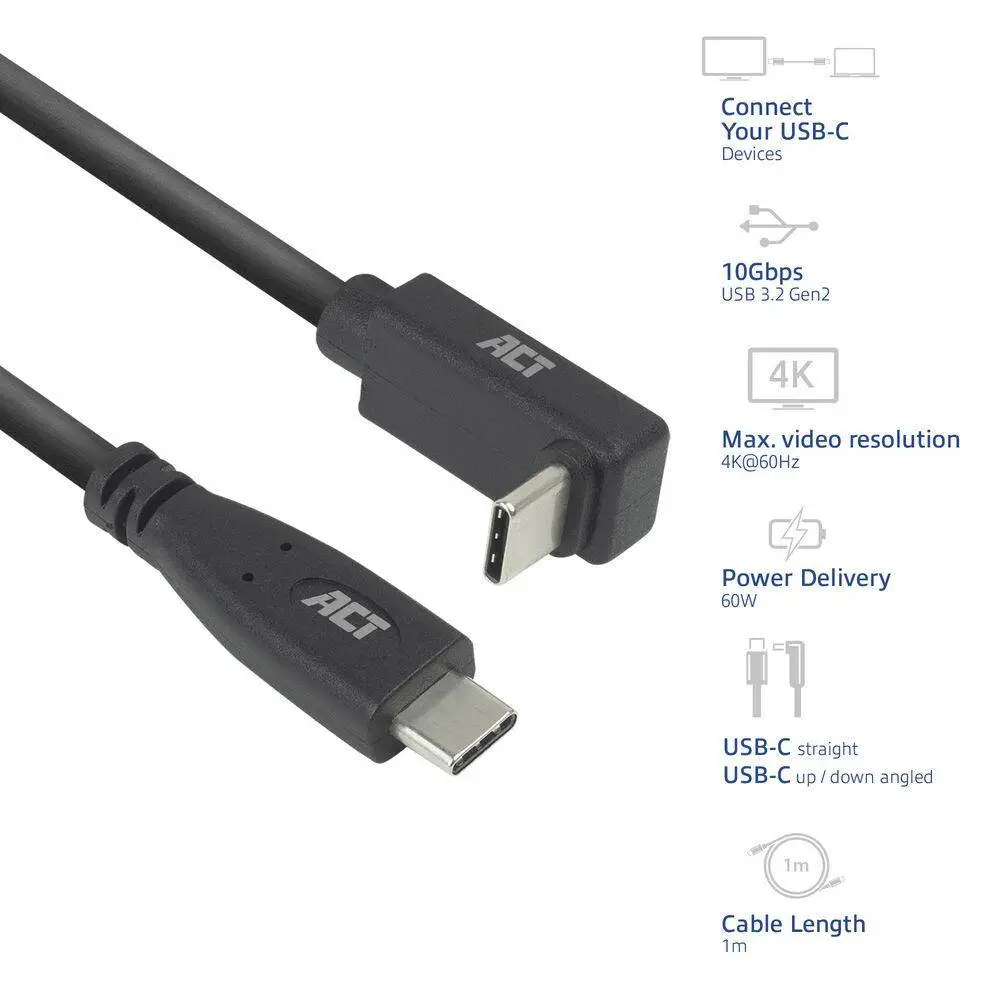 ACT Кабел USB-C - USB-C, 10Gbps, 60W, 1 м, конектори - един прав и един на 90&deg; up/down angled