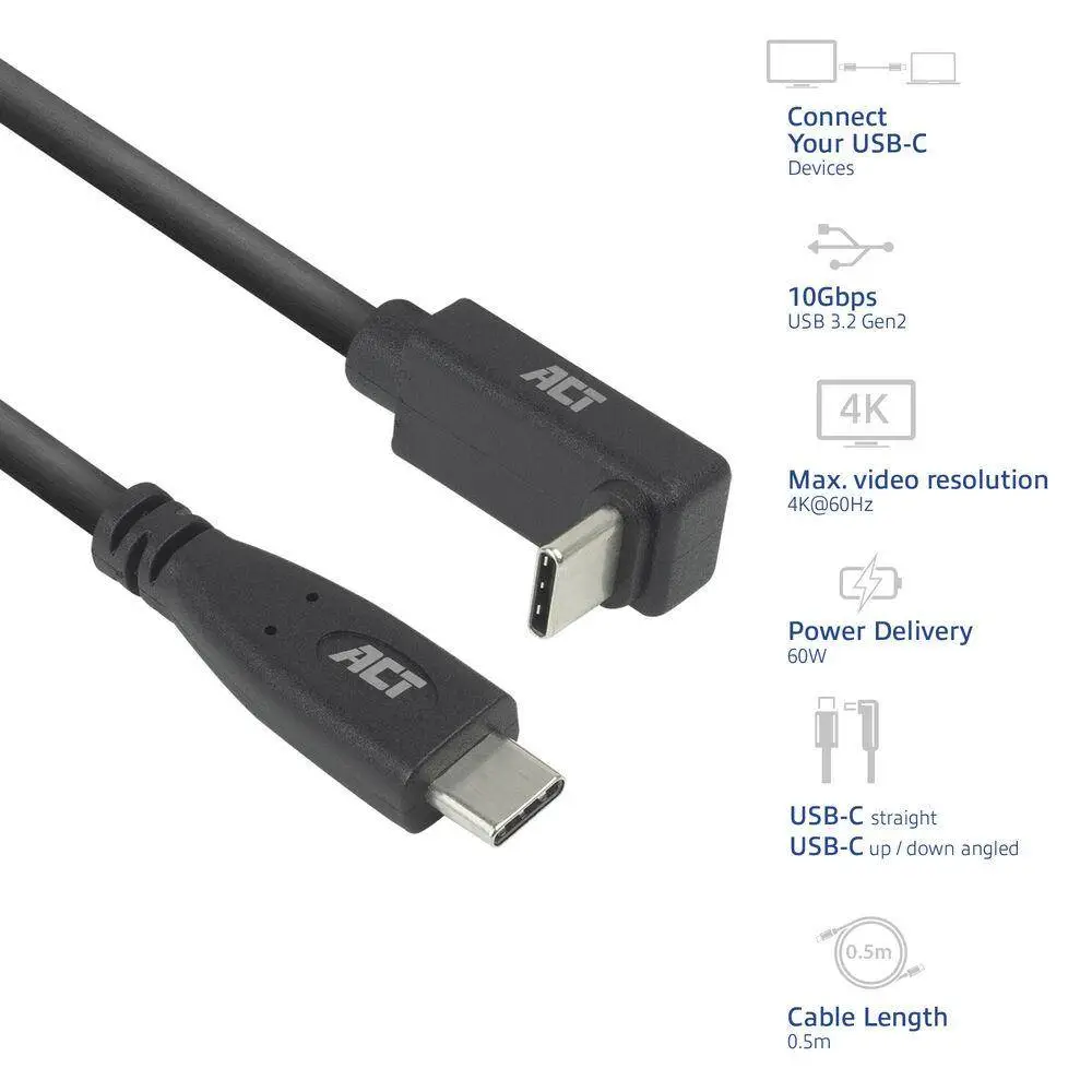 ACT Кабел USB-C - USB-C, 10Gbps, 60W, 0.5 м, конектори - 1x прав и 1x на 90&deg; up/down angled
