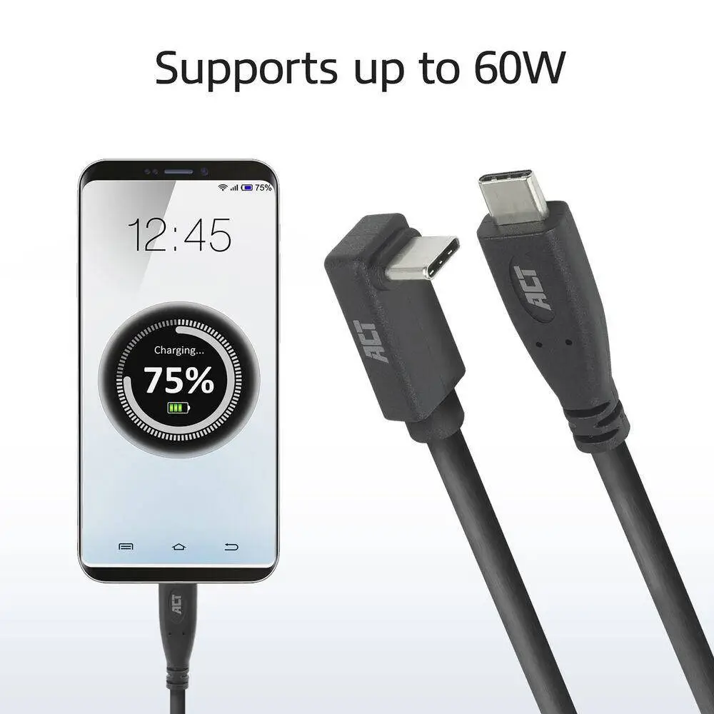 ACT Кабел USB-C - USB-C, 10Gbps, 60W, 0.5 м, конектори - 1x прав и 1x на 90&deg; up/down angled