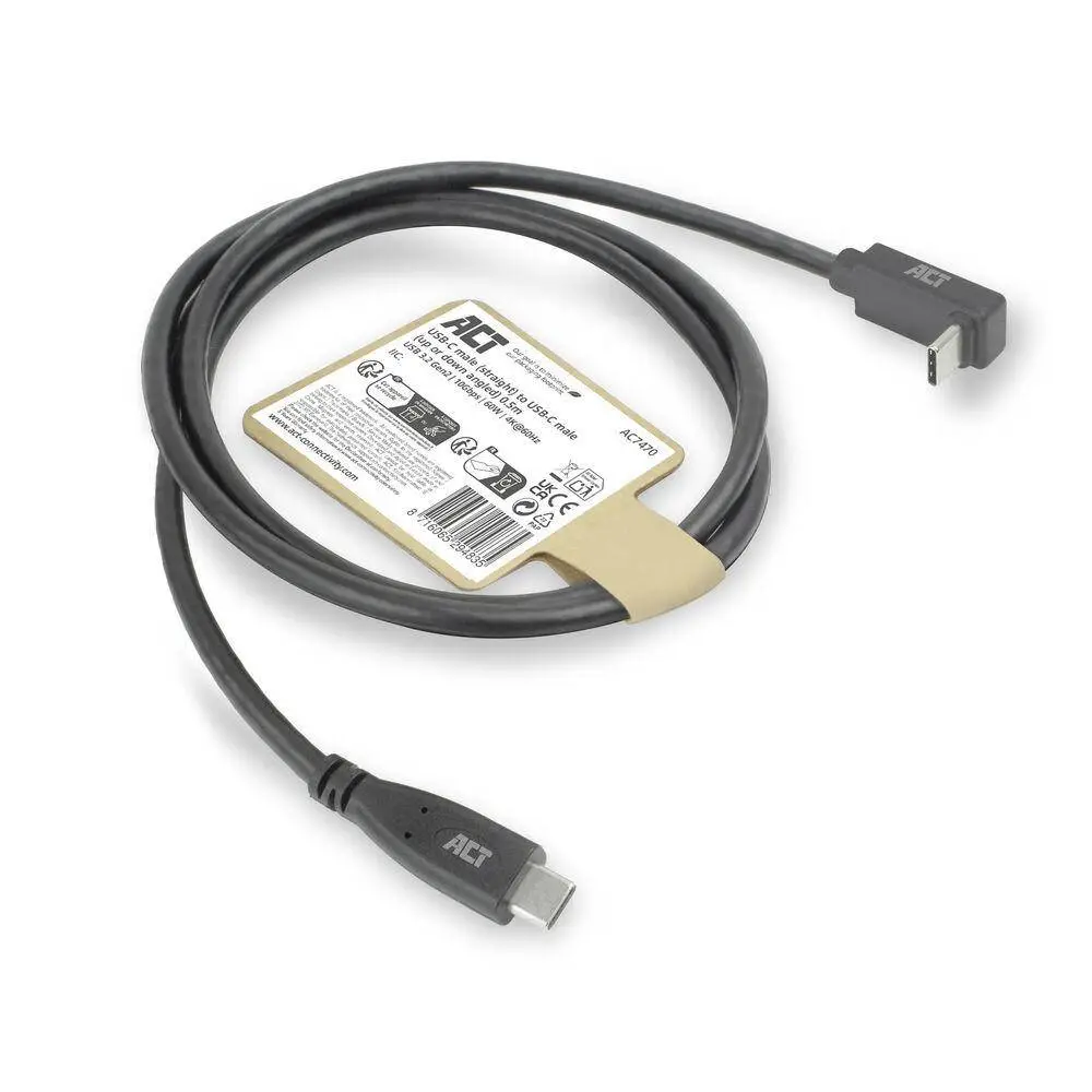 ACT Кабел USB-C - USB-C, 10Gbps, 60W, 0.5 м, конектори - 1x прав и 1x на 90&deg; up/down angled